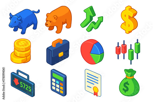 Trading Icons Collection. Isometric vector illustration set Trading Signals Icons: bull, bear, upward chart, dollar sign, coins