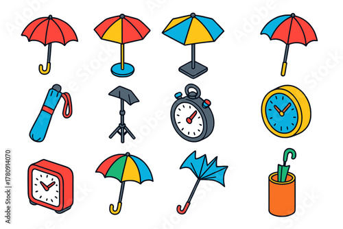 Umbrella and Clockwork Icons. Isometric vector illustration set Umbrella and Clockwork Icons: rain umbrella, beach umbrella, patio