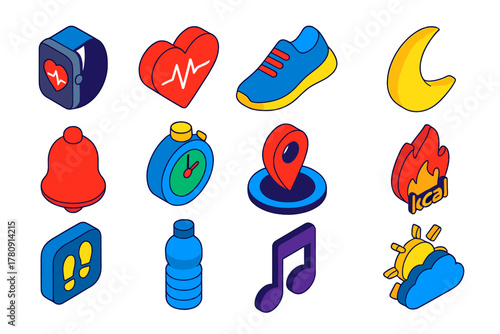 Digital Health Icons. Isometric vector illustration set Digital Health Icons: smartwatch, heartbeat, sports shoe, moon for night