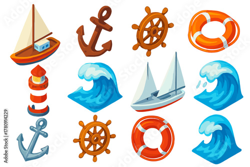 Nautical Icon Collection. Isometric vector illustration set nautical symbols: fishing sailboat, rusted heavy anchor, oak helm,