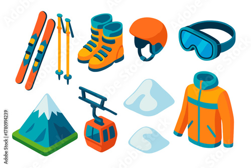 Ski Adventure Icons. Isometric vector illustration set Outdoor sports – skiing skis, ski poles, ski boots; helmet, ski goggles,