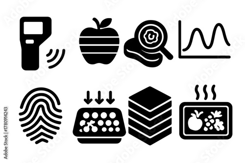 Hyperspectral Food Analysis Icons. Solid style icons of hyperspectral food analysis: spectral scanner device, multispectral fruit