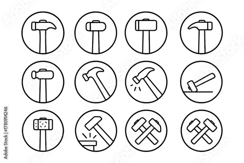 Blacksmith Hammer Icons. Line style icons of blacksmith hammers in round shape: cross peen hammer, rounding hammer, sledgehammer,