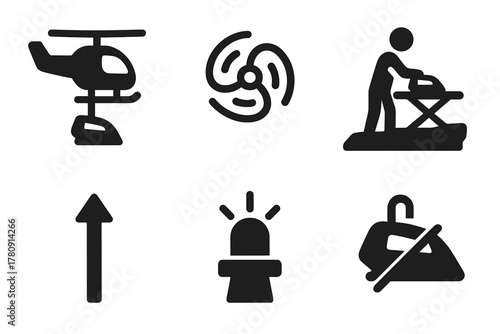 Extreme Ironing Icons. Line style icons of Extreme Ironing: helicopter drop ironing, rotor spin icon, platform ironing scene,
