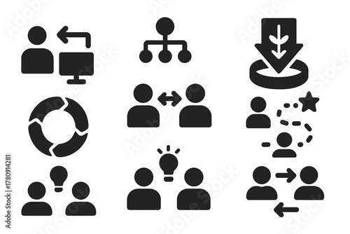 New Workplace Icons. Solid style icons of new workplace dynamics: hybrid age icon, fluid hierarchy chart, reverse growth badge.