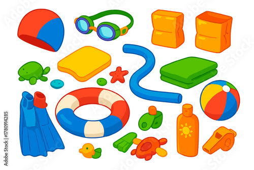 Children's Swim Gear Icons. Isometric vector illustration set Children’s Swim Gear: colorful swim cap, fun goggles, inflatable