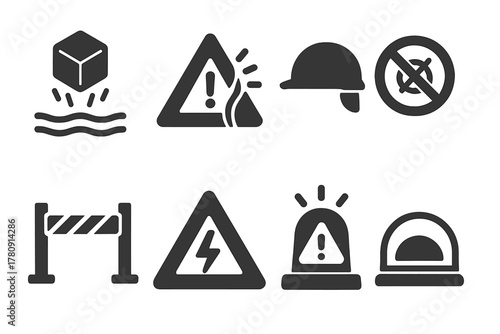 Anti-Gravity Safety Icons. Solid style icons of safety and hazard in anti-gravity testing: floating object warning, field breach