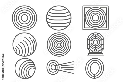 Fresnel Lens Icons. Line style icons of Fresnel lenses in round shape: circular Fresnel lens, segmented glass lens, lens with
