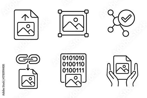 NFT Minting Icons. Line style icons of NFT photo minting process: upload photo icon, edit image before mint, blockchain approval