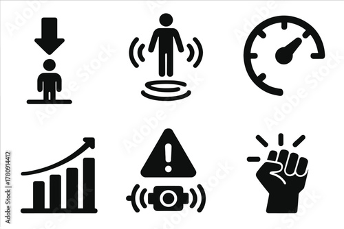Field Strength Icons. Solid style icons of field strength levels: weak gravity icon, medium field control, high intensity