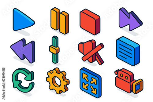 Bright Multimedia Icons. Isometric vector illustration set Multimedia Player Icons: play triangle, pause lines, stop square, skip