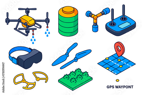 Smart Farming Illustration. Isometric vector illustration set Smart farming – drone sprayer, tank reservoir, spray nozzles; remote