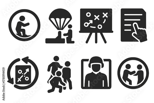 Training Symbols Collection. Solid style icons of training and drills: ground rehearsal badge, jump simulator icon, mock formation