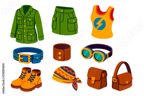 Isometric Safari Fashion. Isometric vector illustration set Street fashion – safari jacket, utility skirt, graphic tank; cargo