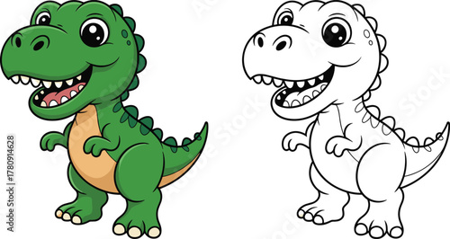 Cartoon Tyrannosaurus rex dinosaur vector illustration, cute prehistoric animal character, children coloring book page, Jurassic creature drawing, educational kids art design