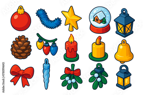 Winter Holiday Icons. Isometric vector illustration set Winter Holiday Decorations: bauble ornament, tinsel garland, star tree