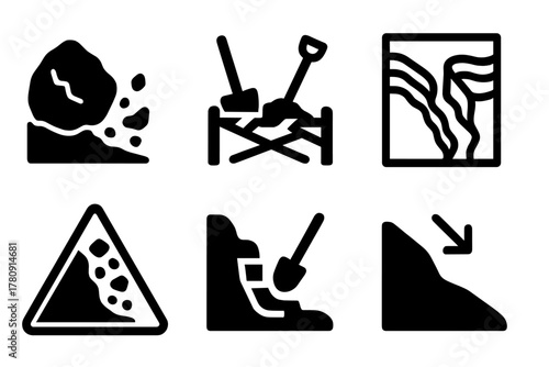 Disaster Archaeology Icons. Line style icons of Disaster Archaeology: landslide boulder, blocked dig site, erosion trench map,