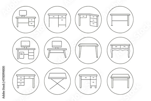 Line Style Desk Icons. Line style icons of desks in round shape: office desk, writing desk, corner desk, standing desk; computer