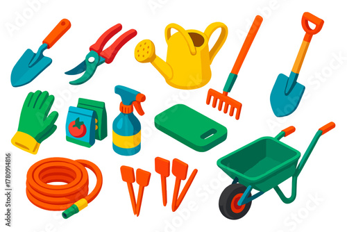 Vibrant Garden Tools Icons. Isometric vector illustration set Garden DIY Tools Icons: hand trowel, pruners, watering can, rake,