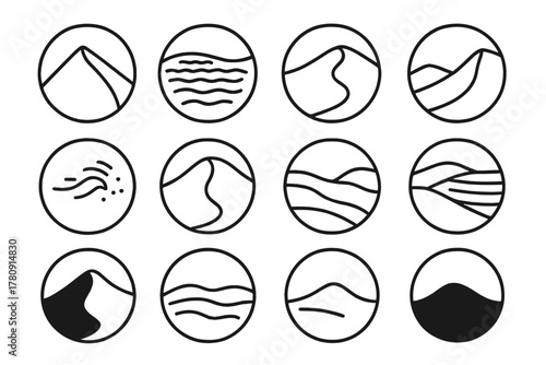 Diverse Sand Dunes. Line style icons of sand dunes in round shape: tall dune, ripple dune, curved ridge, steep slope; wind-blown