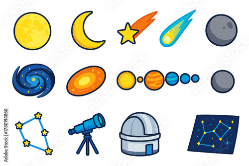 Astronomy Icons Collection. Isometric vector illustration set Astronomy and Space Exploration: full moon, crescent moon, shooting