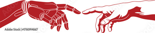 Red robotic hand and human hand reaching towards each other touching