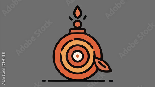 Decorative orange circular object with a flame and leaf graphic design