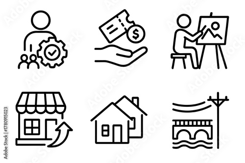 Tourism-Driven Economic Recovery. Line style icons of recovery through tourism: local job creation symbol, funding from tickets