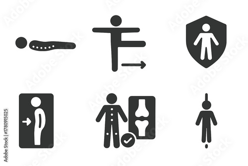 Body Alignment Icons. Solid style icons of body alignment and form: straight spine mid-air, parallel leg lift icon, balanced axis