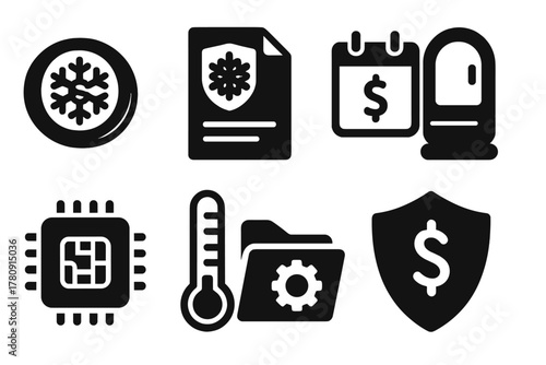 Cryo-Insurance Icons. Solid style icons of cryo-insurance and funding: money snowflake icon, preservation policy file, payment