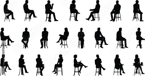 Set of people silhouettes sitting on chairs, business meeting, interview or discussion concept, teamwork communication, office professionals illustration