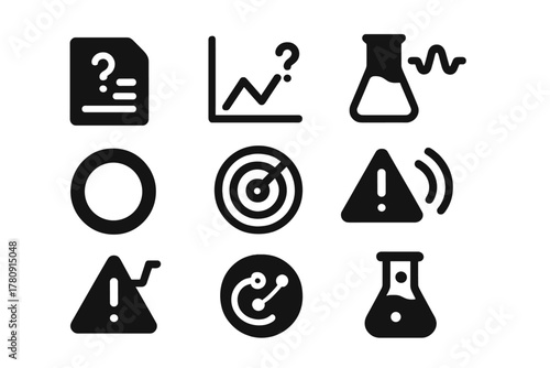 Experimental Diagnostic Icons. Solid style icons of experimental diagnostics: unknown data glyph, variable outcome chart, test