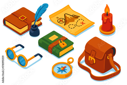 Classic Explorer's Tools. Isometric vector illustration set Classic literature – explorer’s journal, ink quill, mountain sketch;