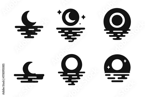 Moonlit Water Icons. Solid style icons of moonlit water surfaces: reflection glyph, rippled moon icon, glow badge. Lunar ring,