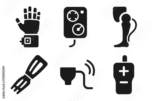 Smart Prosthetics Icons. Solid style icons of smart prosthetics for DIY: robotic hand with servo, joint controller icon,