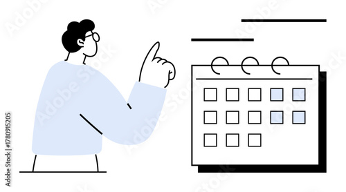 Person gesturing toward a marked calendar, symbolizing organization, time management, deadlines, productivity. Ideal for planning, scheduling, goal setting, reminders task management efficiency