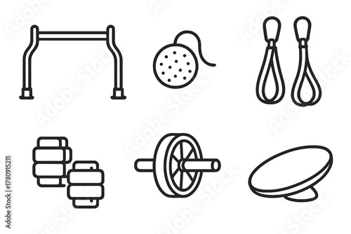 Aerial Silk Icon Tools. Line style icons of aerial silk conditioning tools: pull-up bar sketch, grip strength ball, resistance