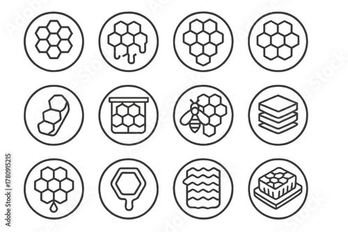Honeycomb Line Icons. Line style icons of honeycombs in round shape: hexagonal honeycomb, dripping honeycomb, full comb, empty