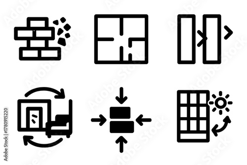 Dynamic Architecture Icons. Line style icons of Programmable Matter: architecture material change, modular room layout icon, walls