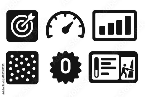 Solid Match Analytics. Solid style icons of match stats and analytics: hit accuracy slab, joust speed meter, energy usage graph.