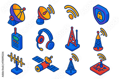 Space Communication Icons. Isometric vector illustration set Space Communication Icons: deep space antenna, satellite uplink dish,