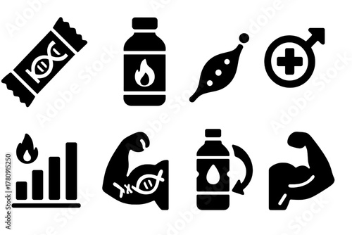 Sports Nutrition Icons. Solid style icons of sports nutrition and genetics: energy bar + DNA icon, performance fuel glyph, stamina