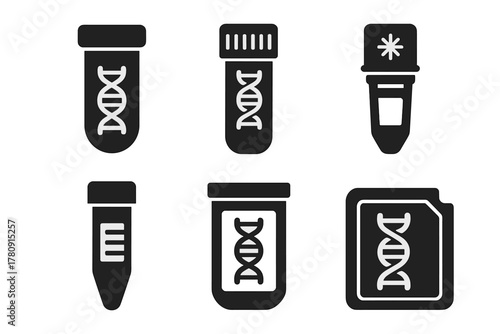 Synthetic DNA Icons. Solid style icons of synthetic DNA vials and samples: test tube with DNA label, vial with barcode helix,