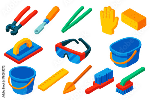Mosaic Craft Tools. Isometric vector illustration set Mosaic Craft Tools Icons: tile nippers, glass cutter, tweezers, adhesive