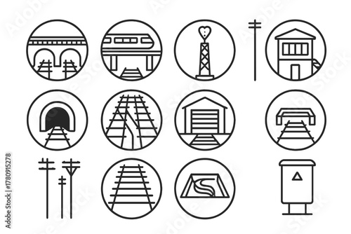 Rail Infrastructure Icons. Line style icons of rail infrastructure in round shape: bridge over tracks, elevated rail, signal tower