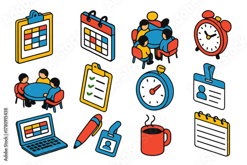Shift Scheduling Icons. Isometric vector illustration set Staff Shift Scheduling Icons: clipboard with shift plan, wall calendar,