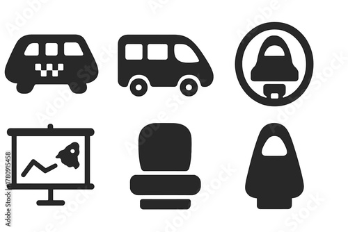 Orbital Transport Icons. Solid style icons of orbital transport shuttles: space taxi glyph, hotel shuttle icon, transit badge.