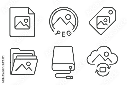 Photo Formats Icons. Line style icons of photo formats and storage: RAW file icon, JPEG format badge, PNG image tag, photo folder