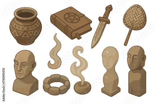 Cultural Ritual Artifacts. Isometric vector illustration set of Cultural rituals: ritual pot with markings, elder’s wisdom book,