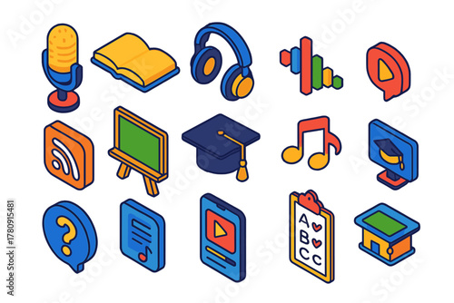 Educational Podcast Icons. Isometric vector illustration set Educational Podcast Icons: microphone, open book, headphones,